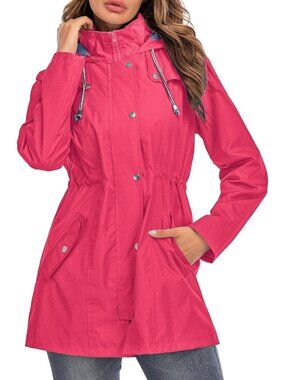 Women's Hot Pink Hooded Striped Lined Waterproof Hiking Packable Rain Jacket